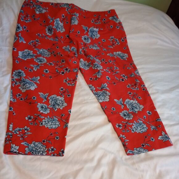 Roz & Ali Crop Ankle Pants Plussize 24 Red Floral Stretch Slimming Zip Front - Picture 2 of 9